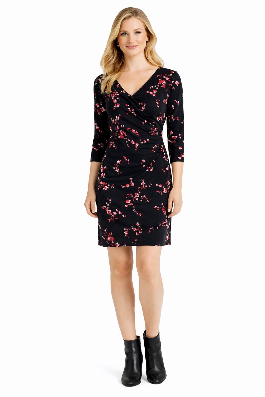 Lauren Ralph Lauren Floral V Neck 3/4 Sleeve Mini Dress Black Womens Size 6 New